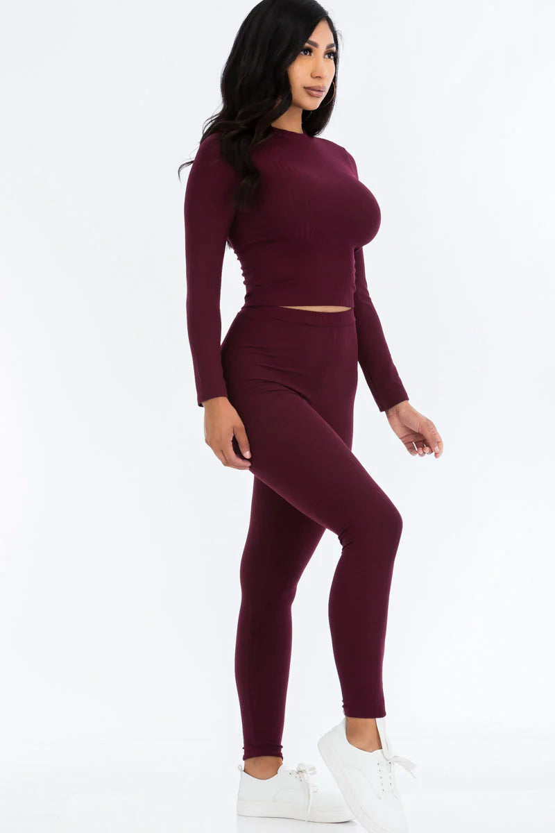 Ribbed Mock Neck Long Sleeve Top & Leggings Set 