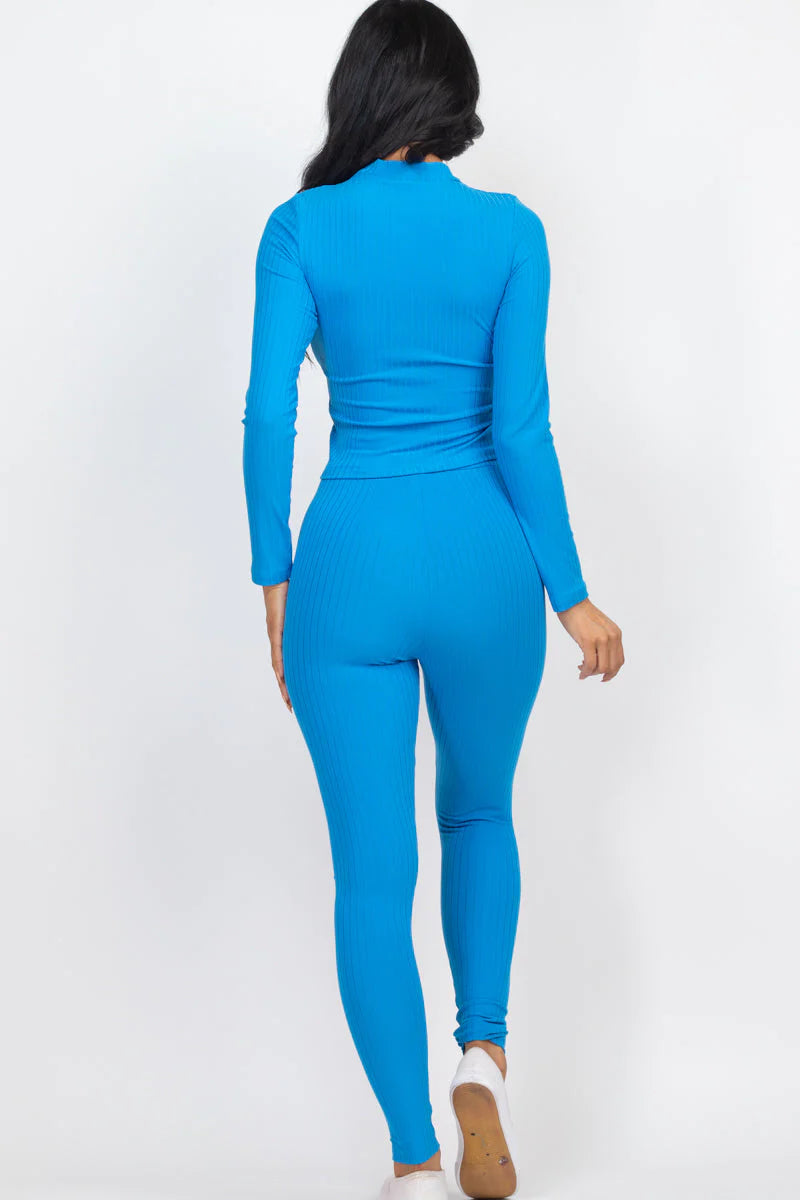 Ribbed Mock Neck Long Sleeve Top & Leggings Set 