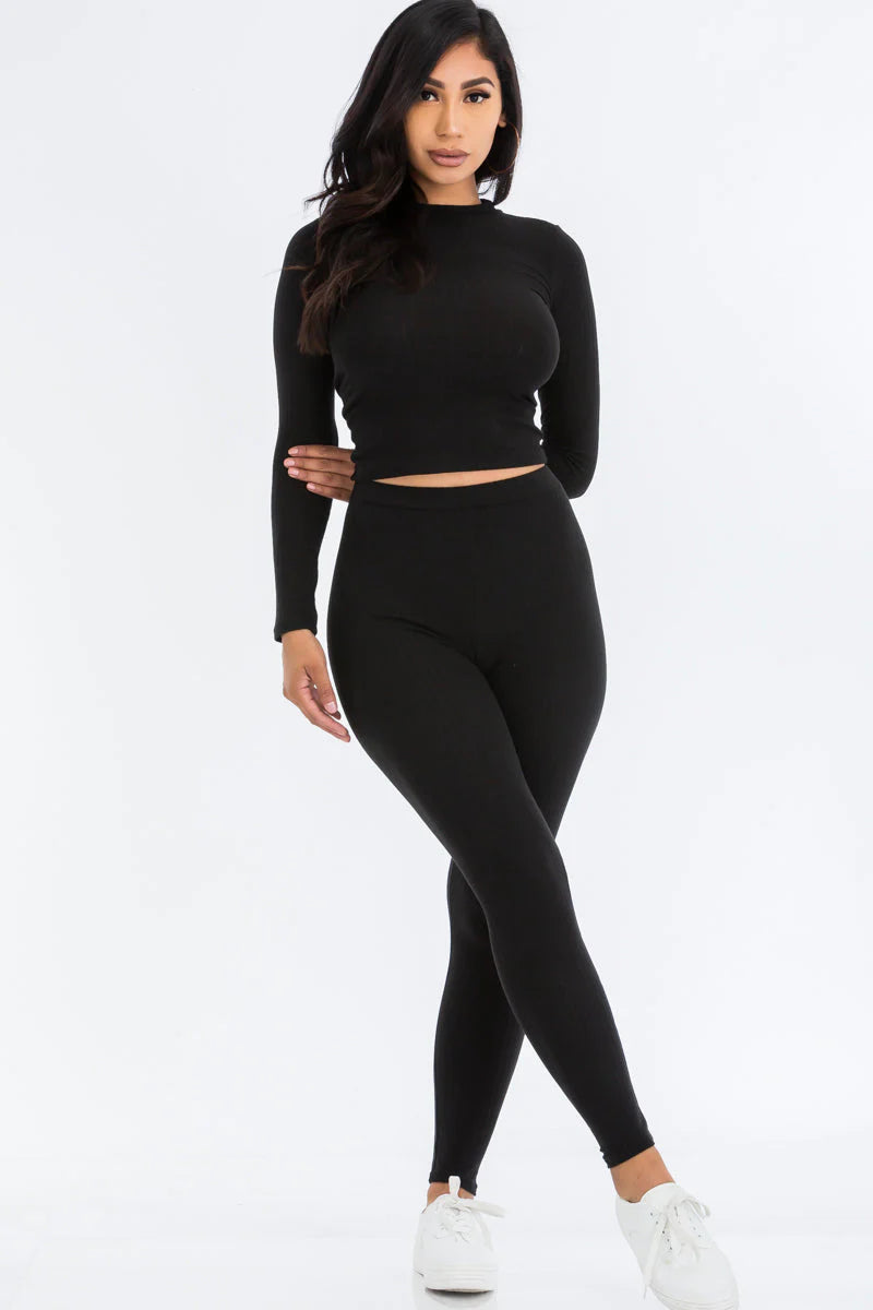 Ribbed Mock Neck Long Sleeve Top & Leggings Set 