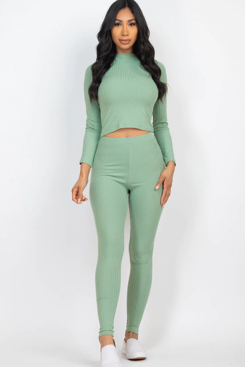 Ribbed Mock Neck Long Sleeve Top & Leggings Set 