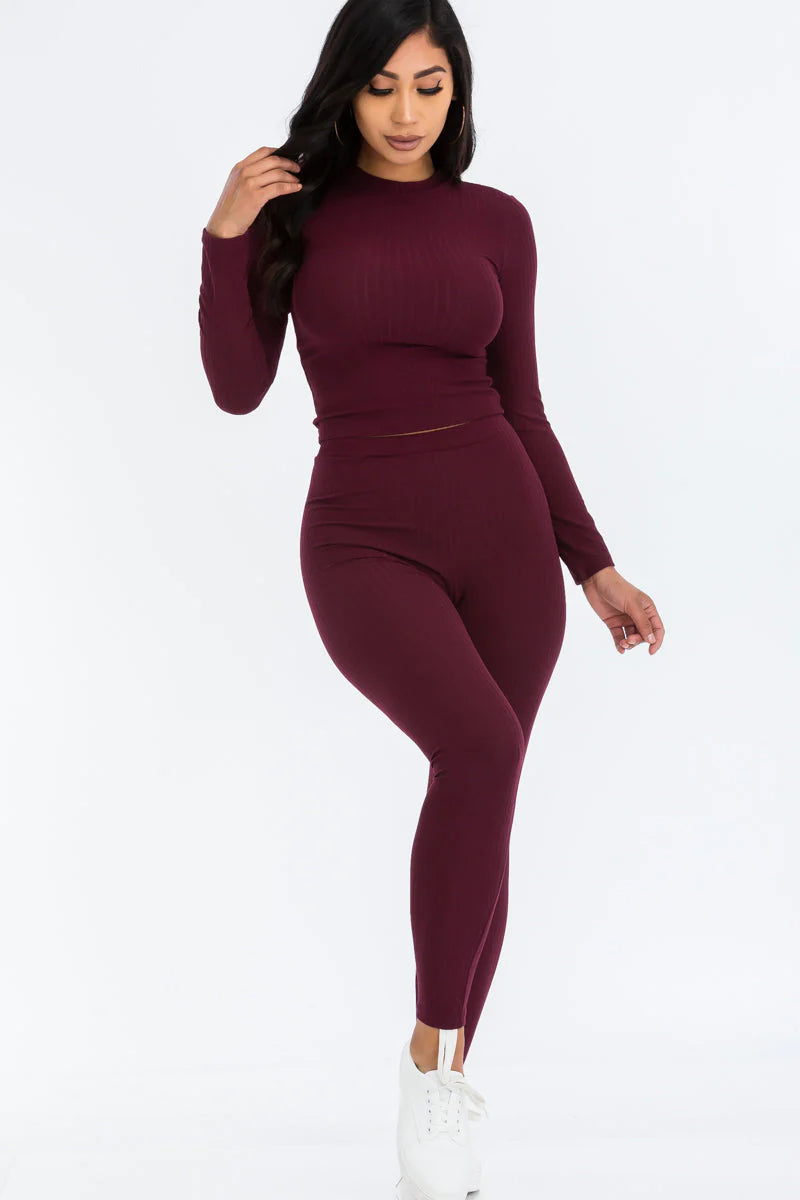 Ribbed Mock Neck Long Sleeve Top & Leggings Set 