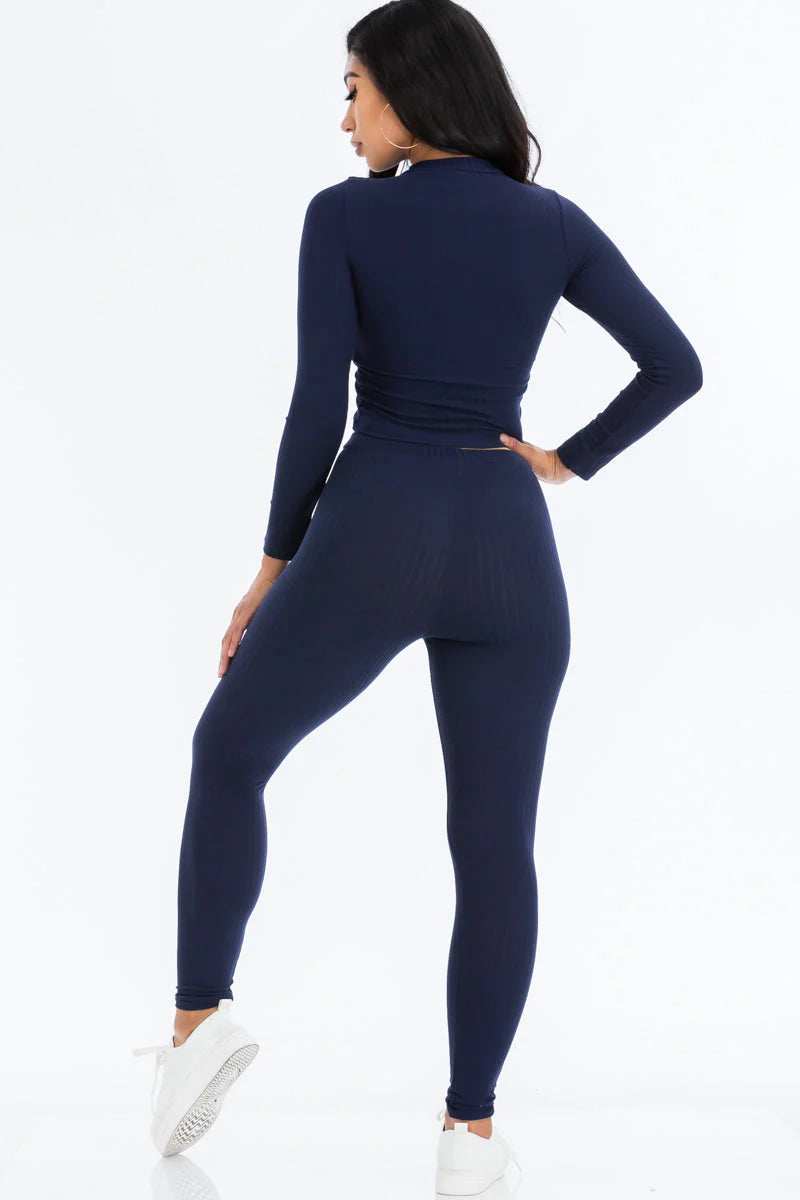 Ribbed Mock Neck Long Sleeve Top & Leggings Set 