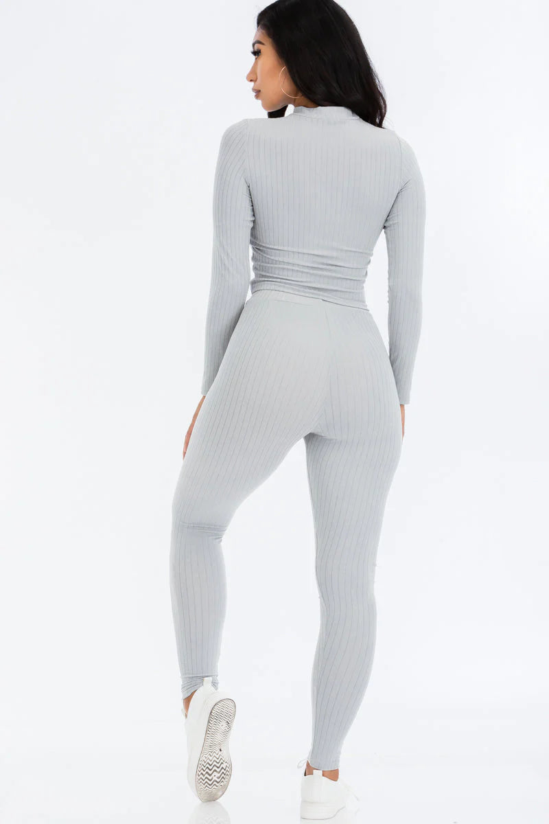 Ribbed Mock Neck Long Sleeve Top & Leggings Set 