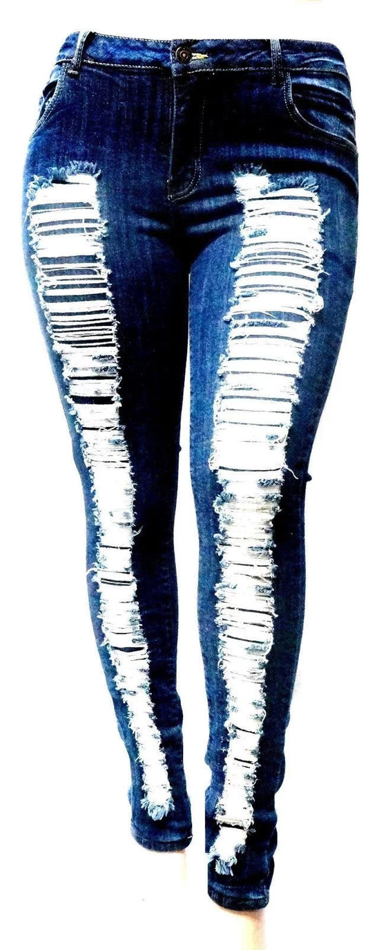 WOMENS plus SIZE Stretch Distressed Ripped BLUE SKINNY DENIM JEANS 