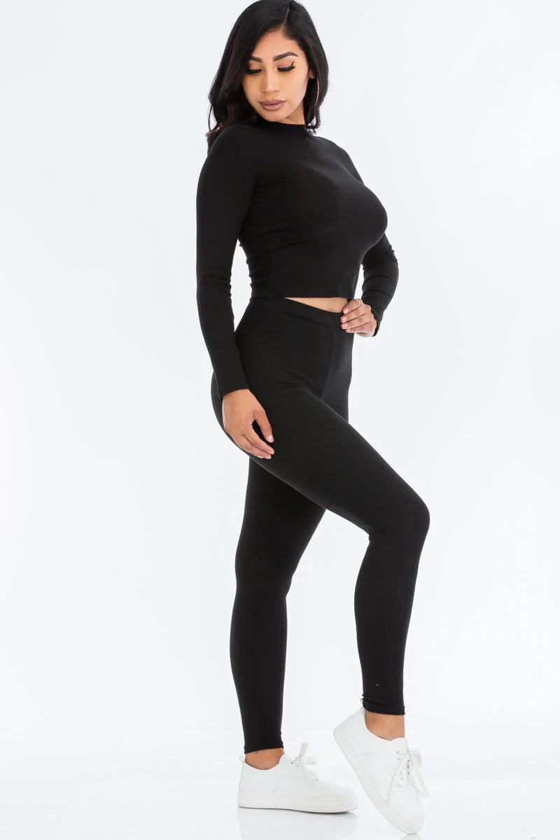 Ribbed Mock Neck Long Sleeve Top & Leggings Set 