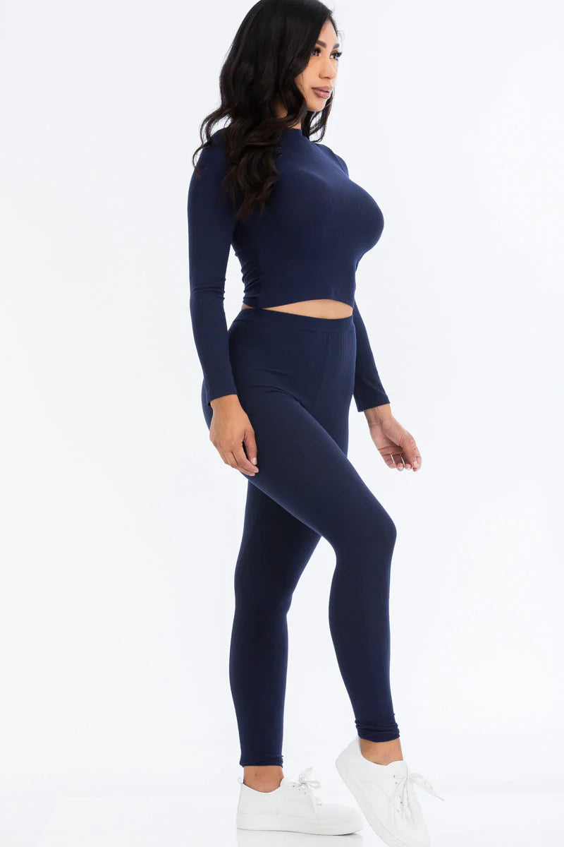 Ribbed Mock Neck Long Sleeve Top & Leggings Set 