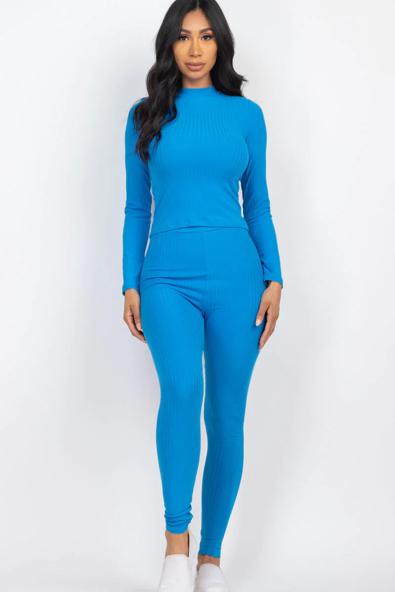 Ribbed Mock Neck Long Sleeve Top & Leggings Set 