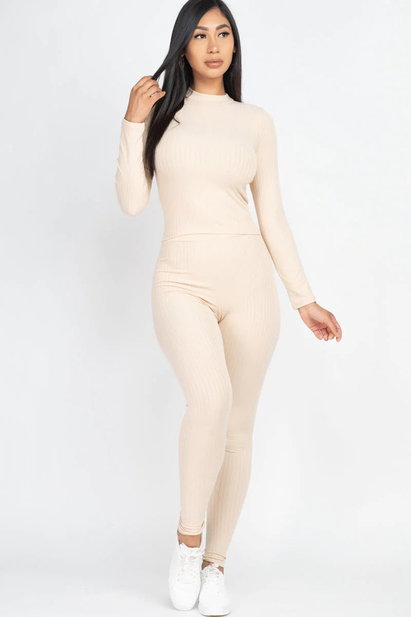 Ribbed Mock Neck Long Sleeve Top & Leggings Set 