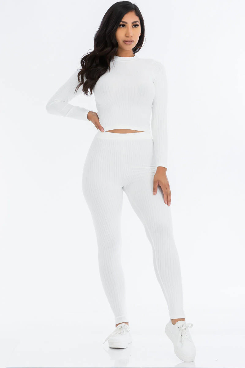 Ribbed Mock Neck Long Sleeve Top & Leggings Set 