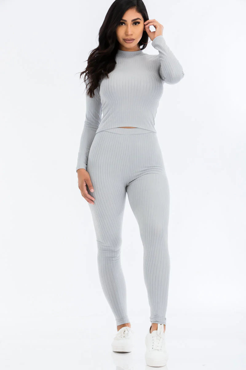 Ribbed Mock Neck Long Sleeve Top & Leggings Set 