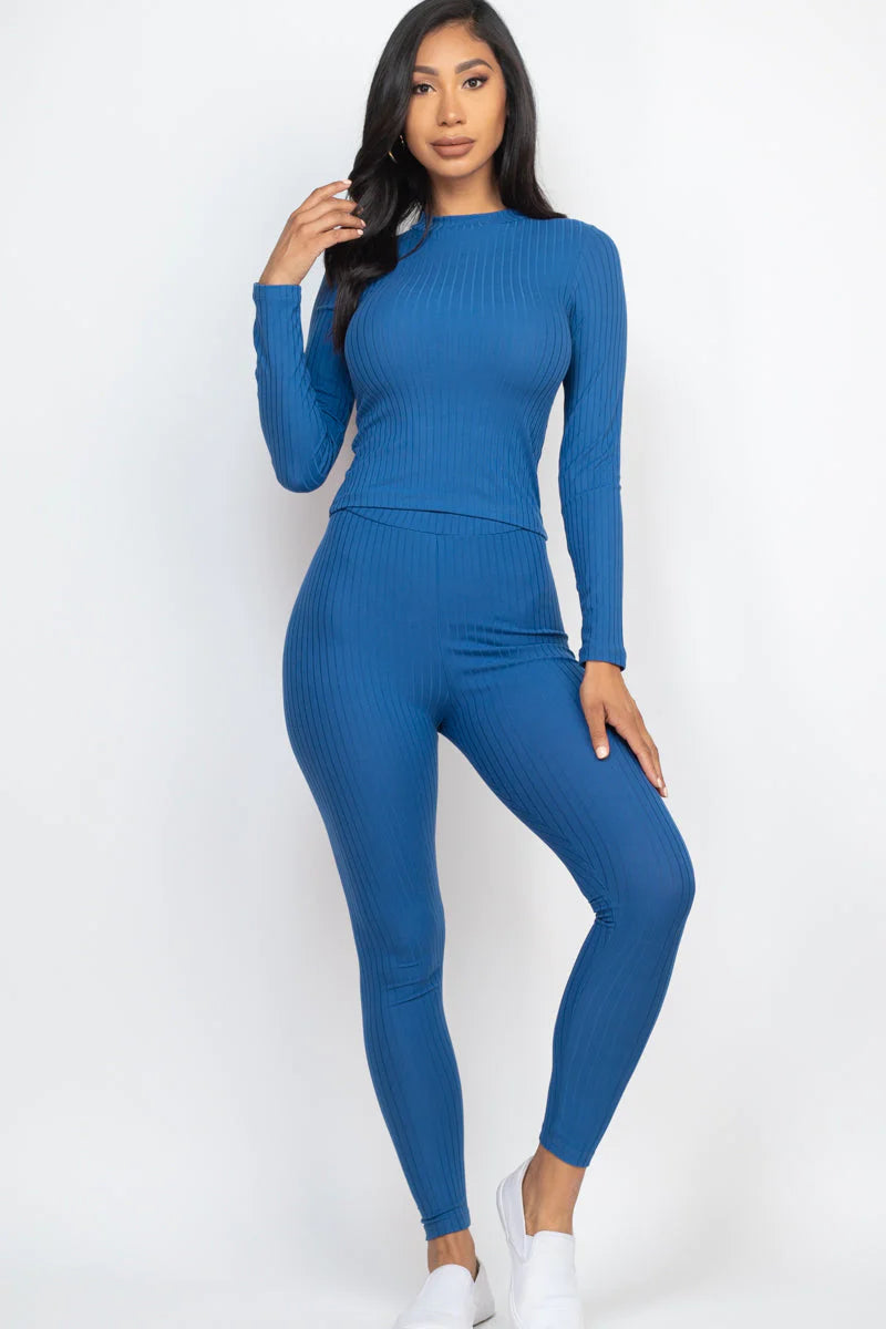 Ribbed Mock Neck Long Sleeve Top & Leggings Set 