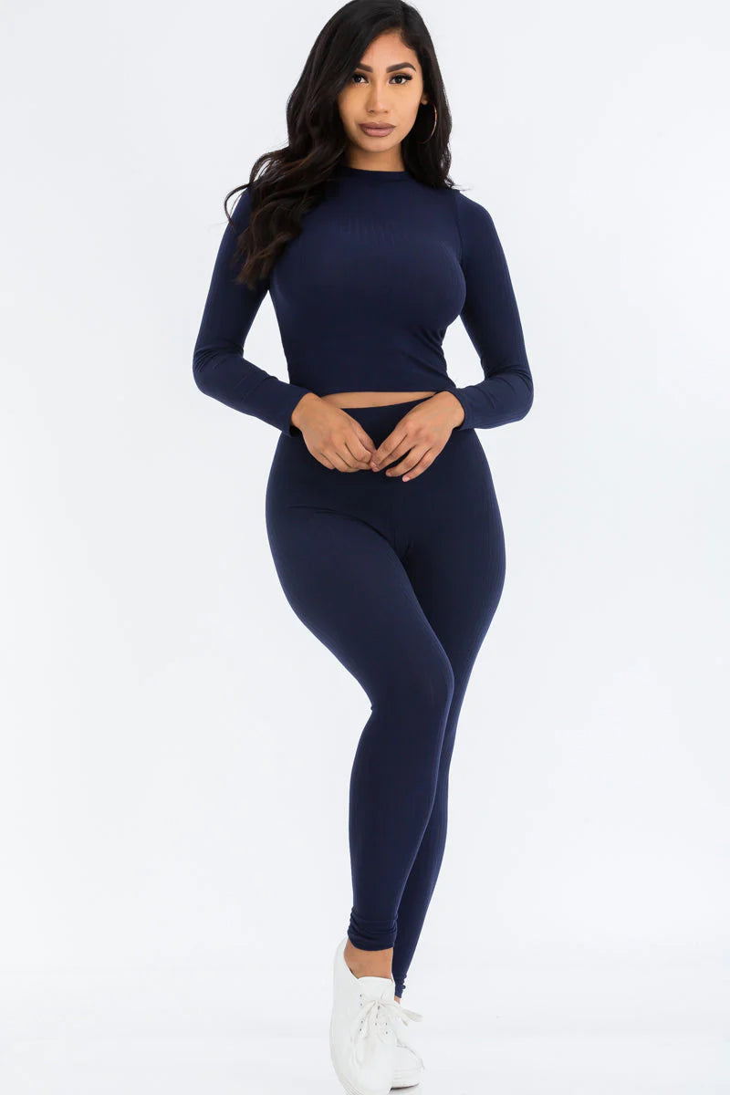 Ribbed Mock Neck Long Sleeve Top & Leggings Set 