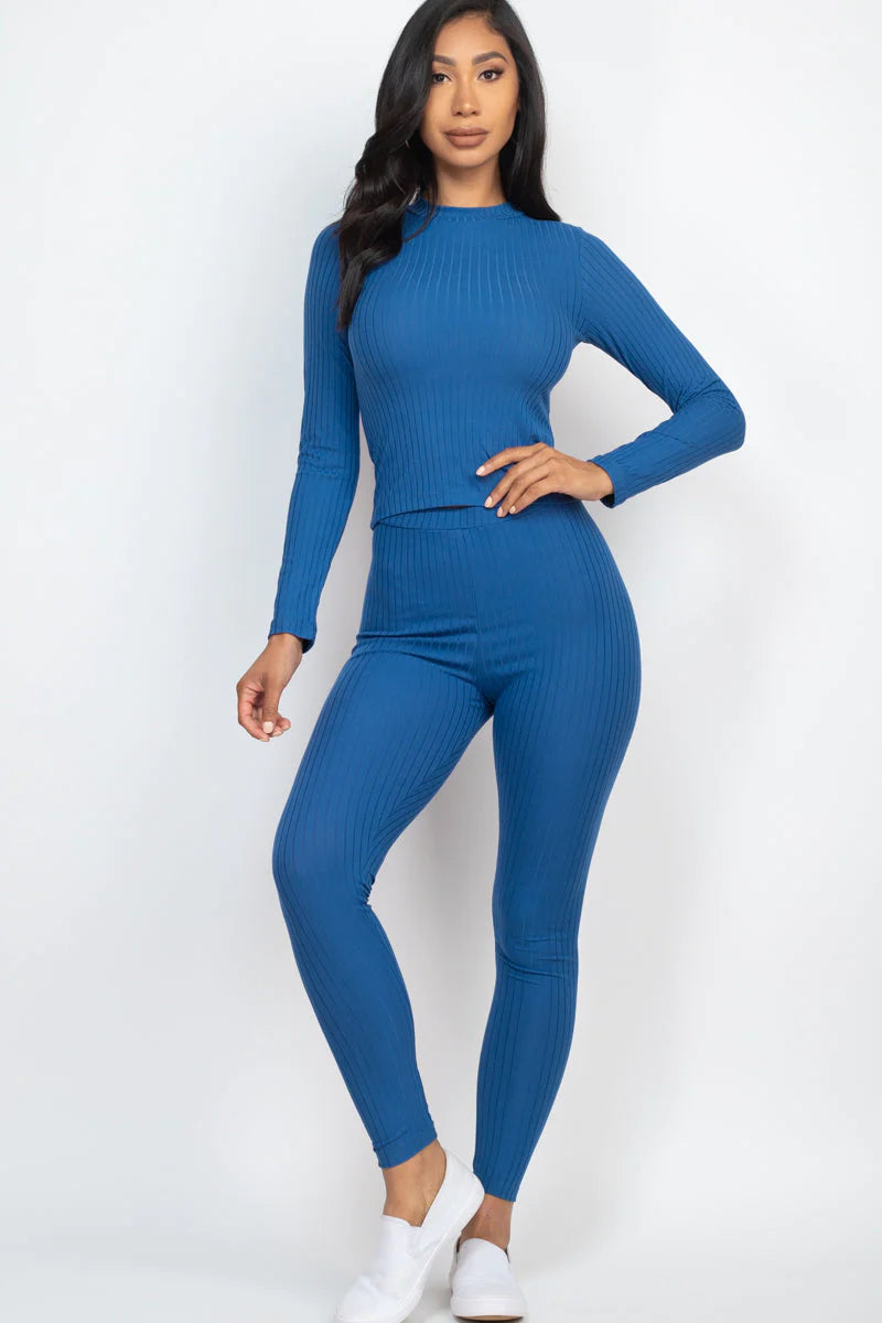 Ribbed Mock Neck Long Sleeve Top & Leggings Set 