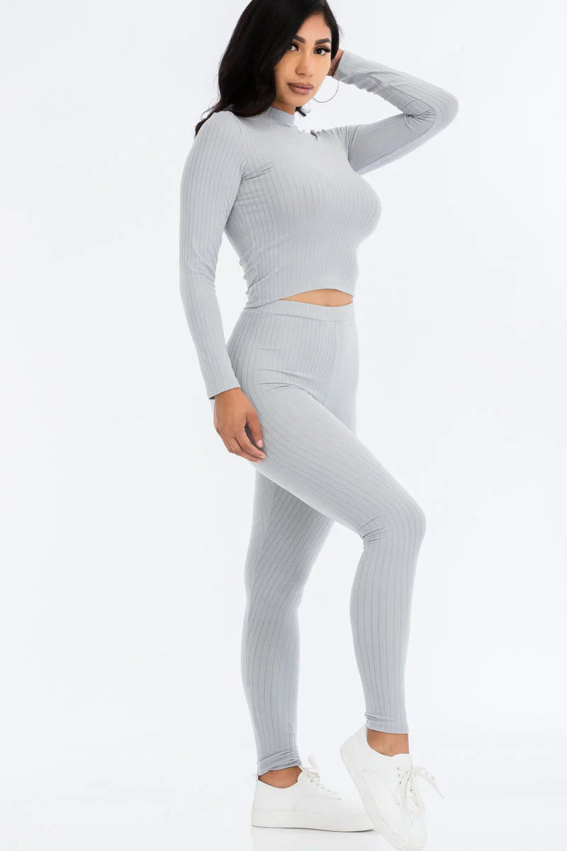 Ribbed Mock Neck Long Sleeve Top & Leggings Set 