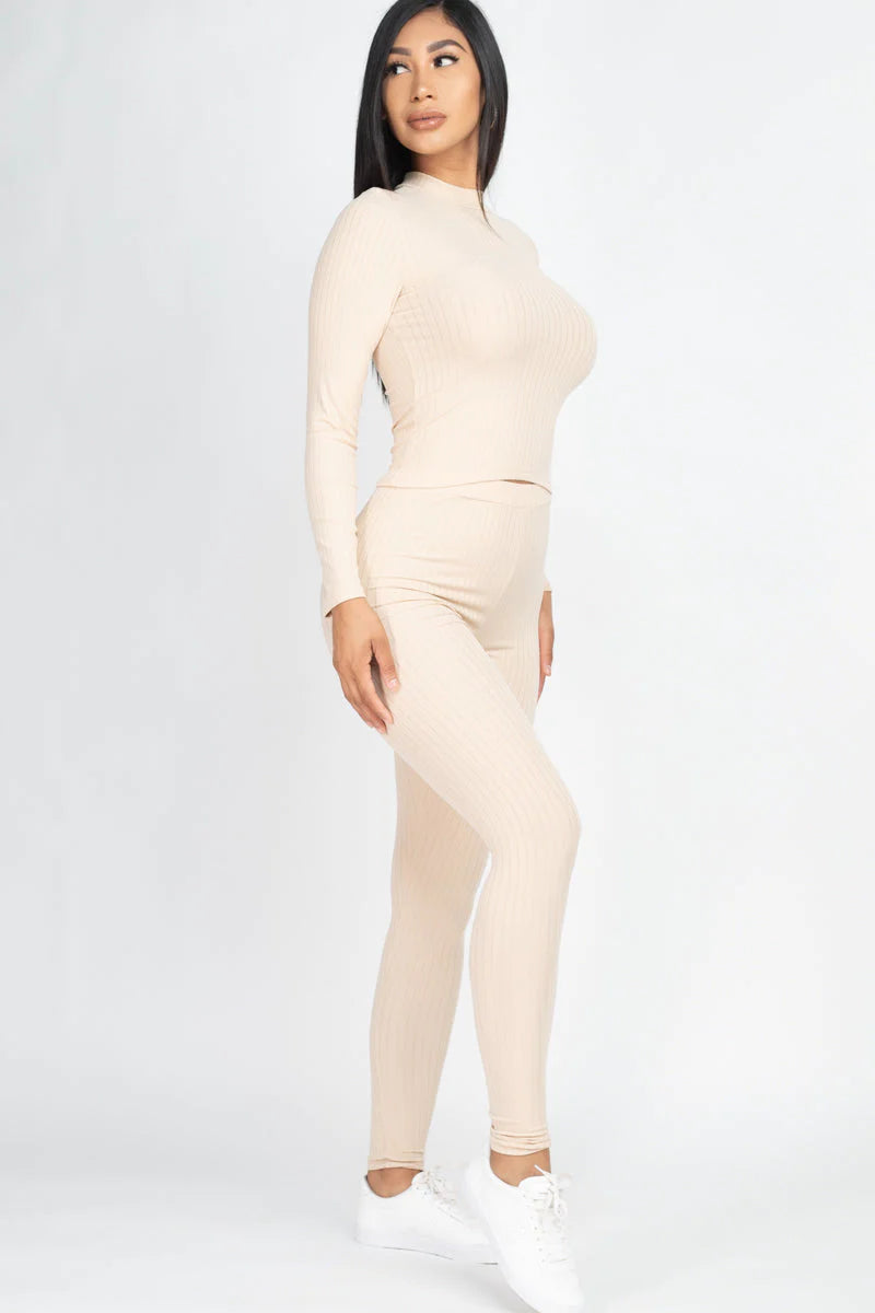 Ribbed Mock Neck Long Sleeve Top & Leggings Set 