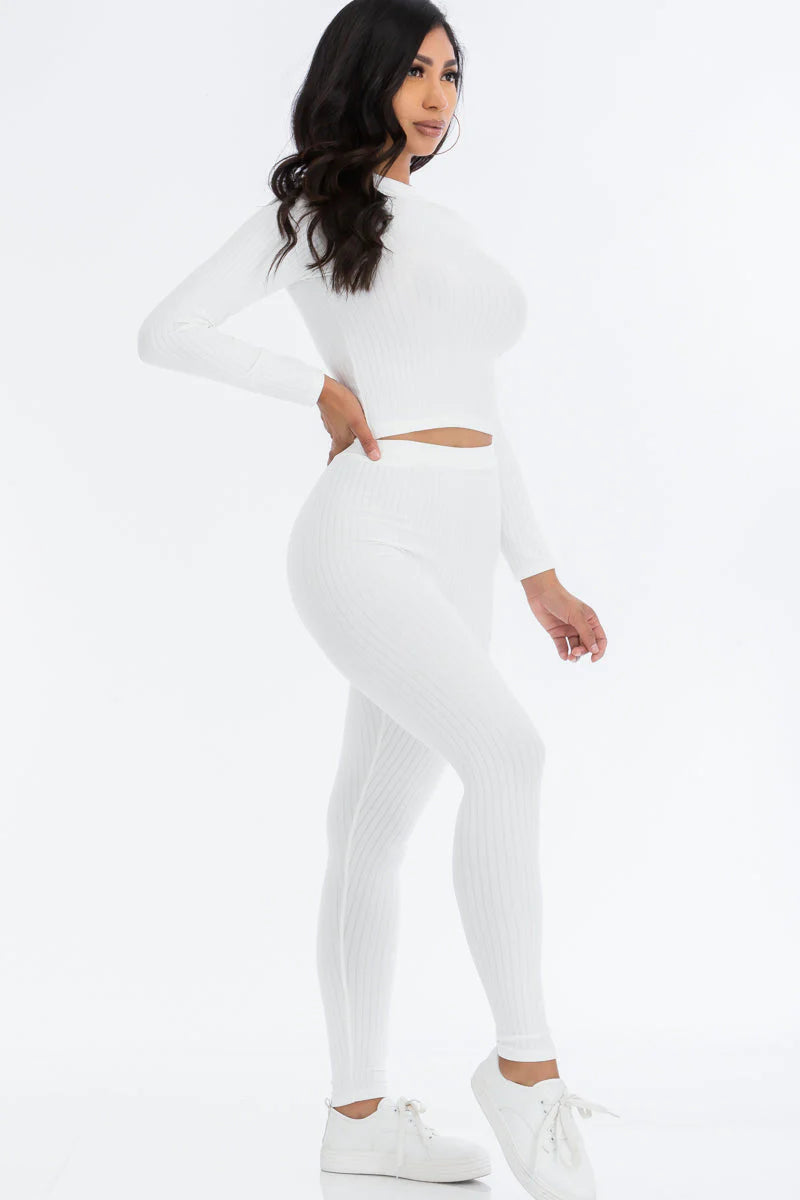 Ribbed Mock Neck Long Sleeve Top & Leggings Set 