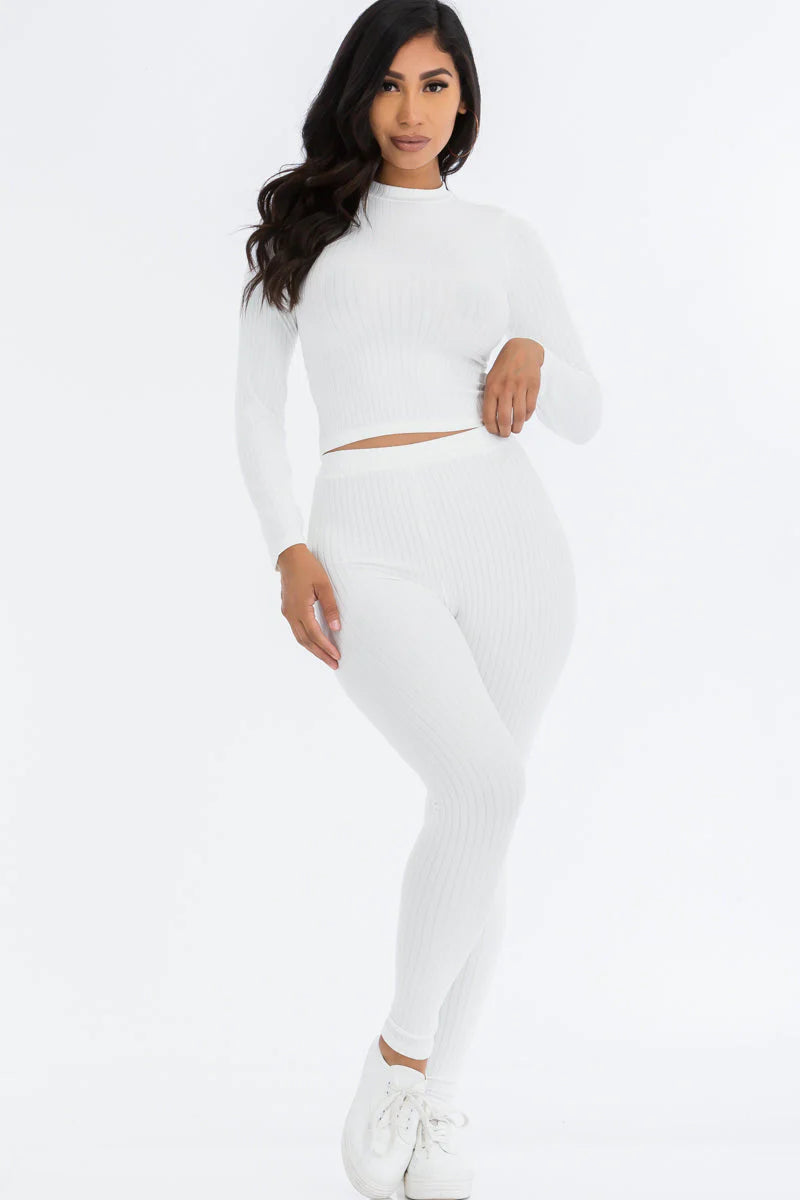 Ribbed Mock Neck Long Sleeve Top & Leggings Set 