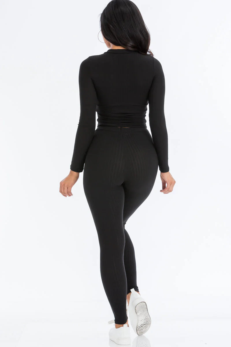 Ribbed Mock Neck Long Sleeve Top & Leggings Set 