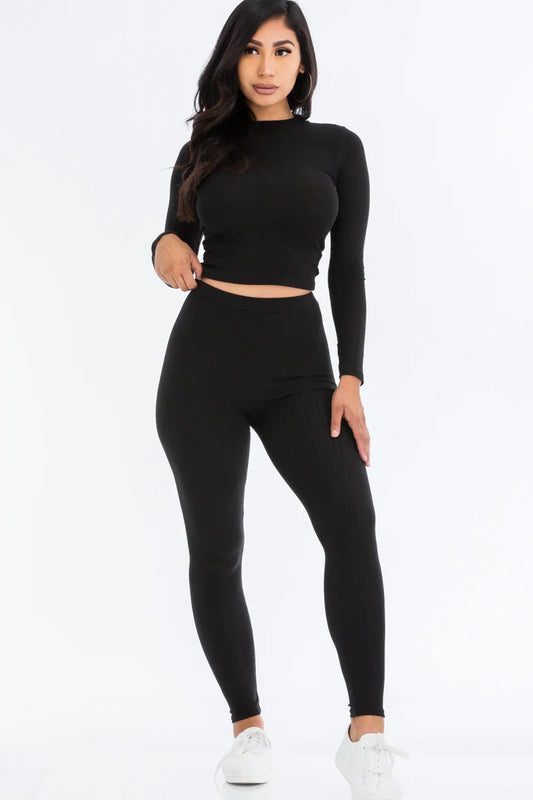 Ribbed Mock Neck Long Sleeve Top & Leggings Set 