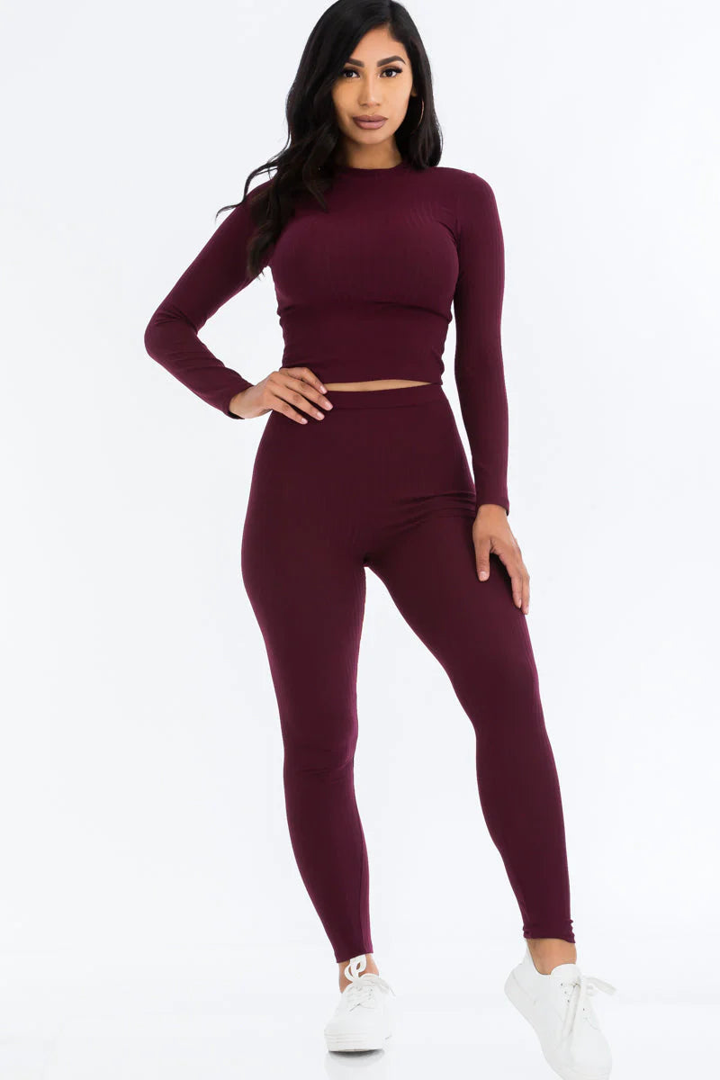 Ribbed Mock Neck Long Sleeve Top & Leggings Set 